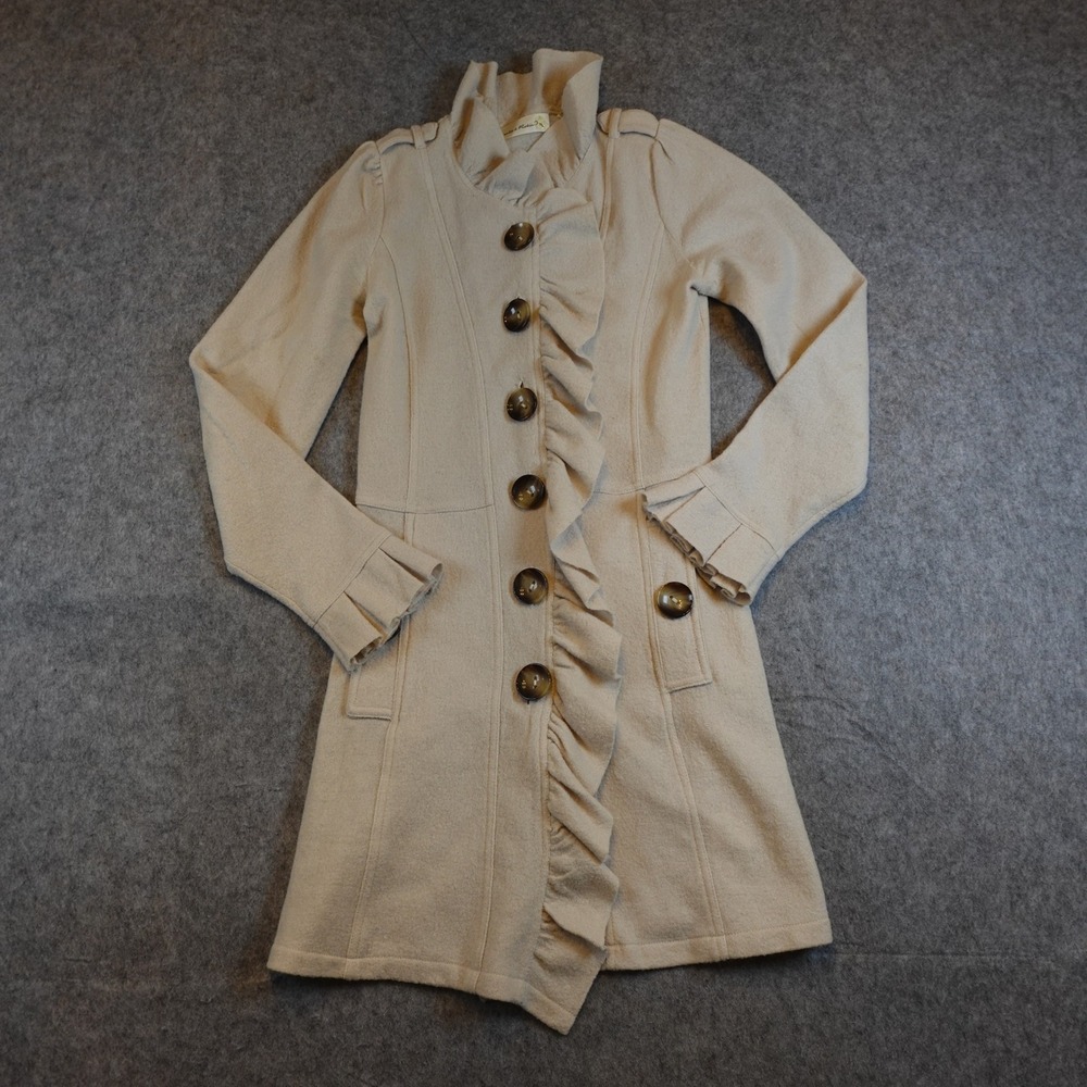 Anthropologie Coat Women Small Beige Wool Ruffle Longline Charlie and Robin